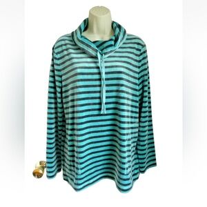Talbots 2x long sleeve velour top teal/charcoal stripes